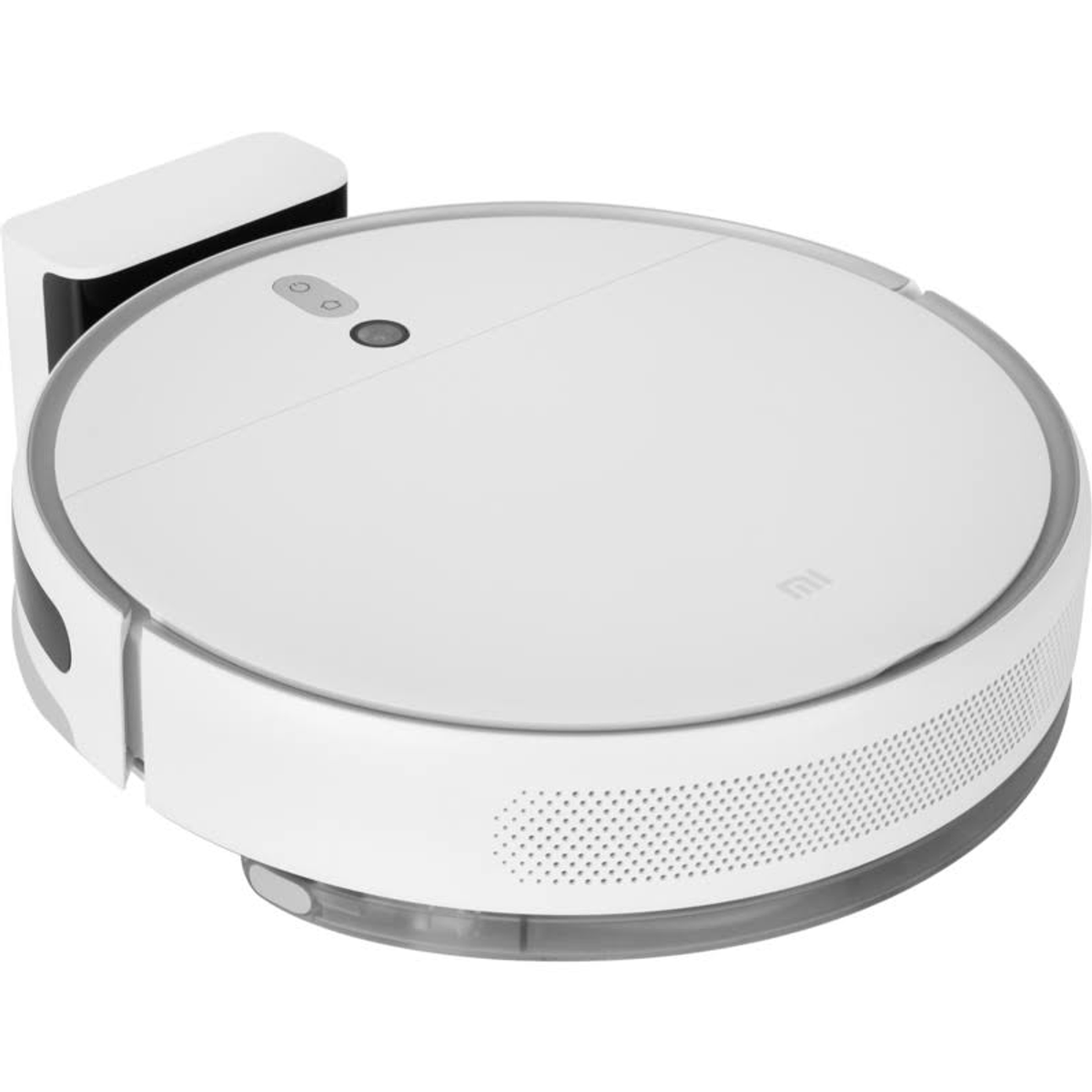 Şarj istasyonu yan tarafında olan beyaz robot süpürge.