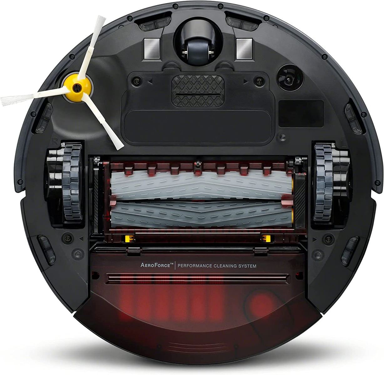 Spód czarnego robota odkurzającego z czerwoną szczotką, kołami i żółtą szczotką z boku.