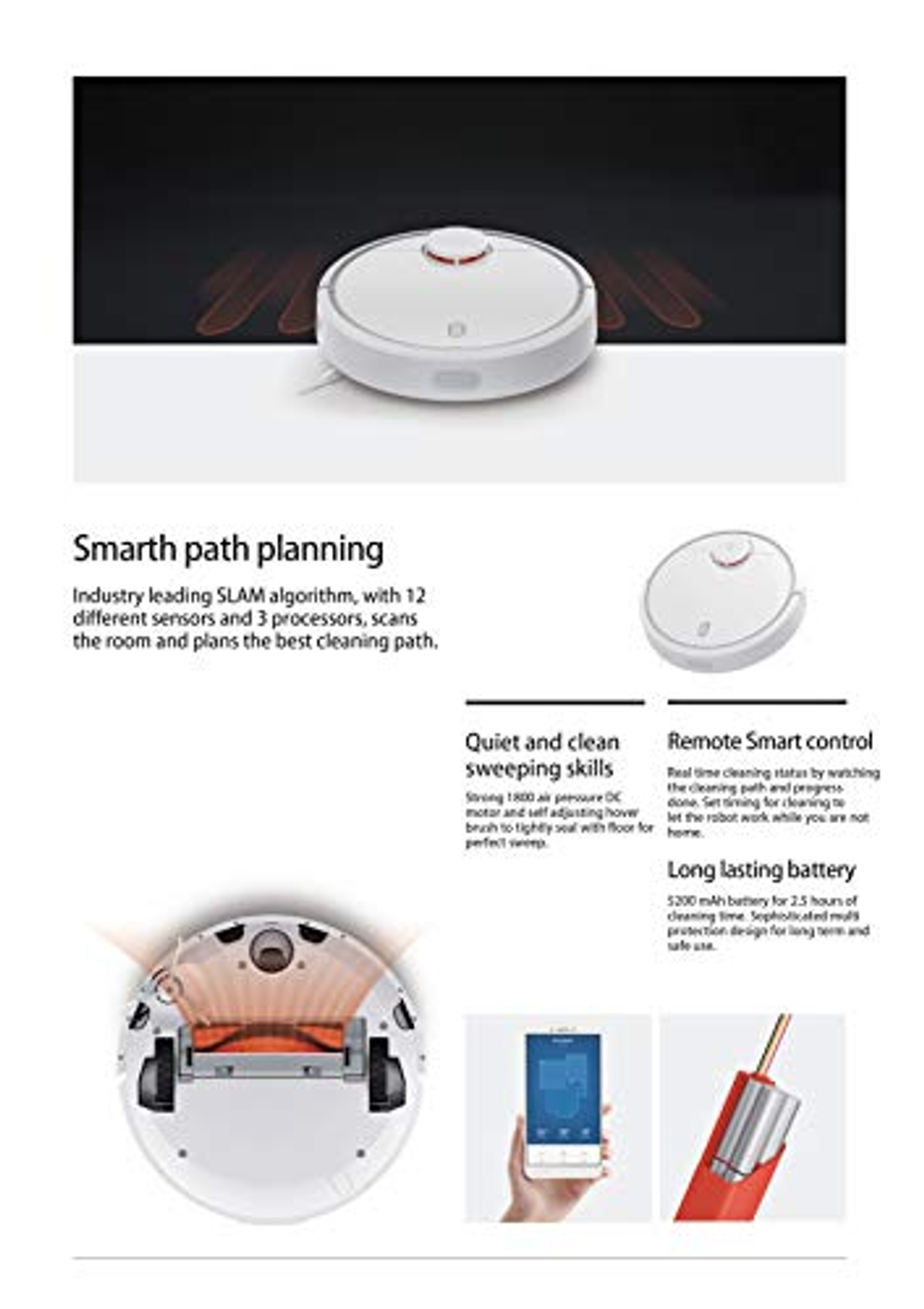 Weißer Roboter-Staubsauger, Text über Funktionen, gezeigt mit Unter- und Draufsicht.