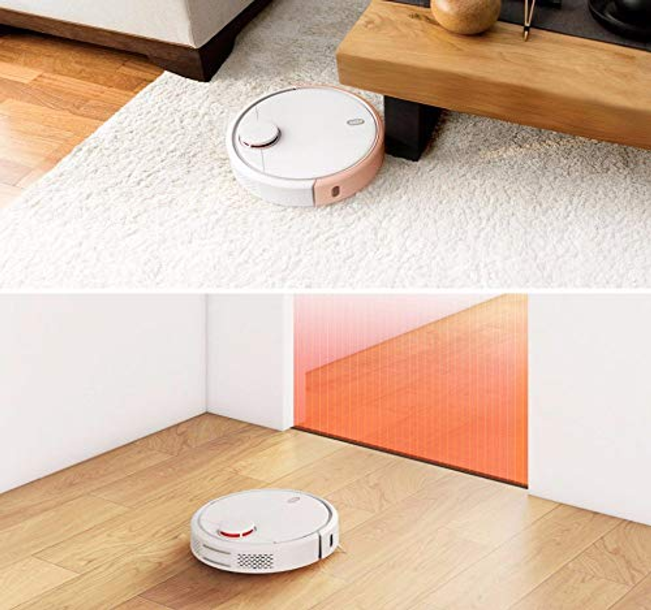 Zwei Ansichten eines weiß-rosa Roboter-Staubsaugers, der einen Teppich und einen Holzboden reinigt.