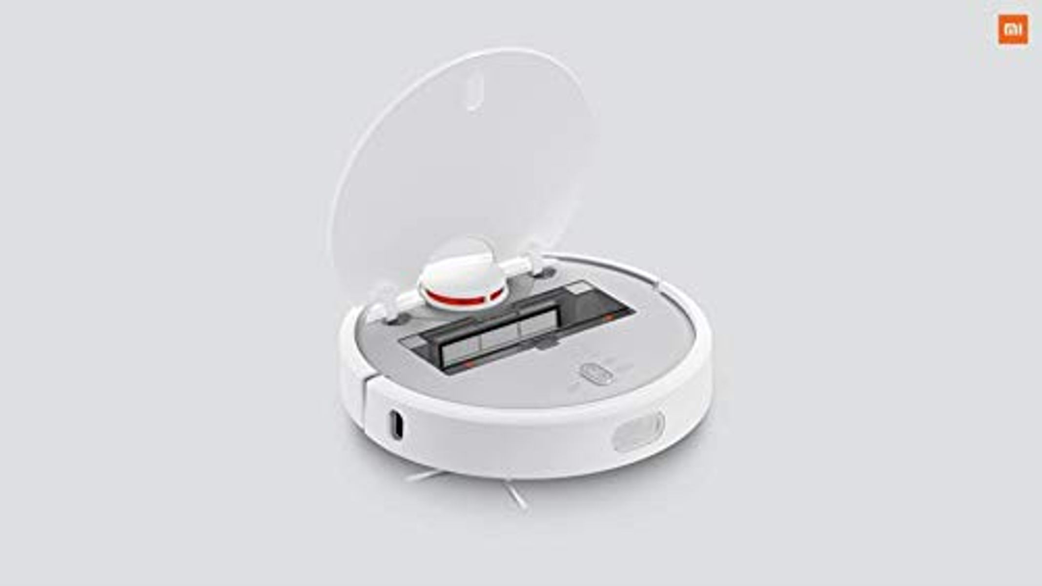 Weißer Roboter-Staubsauger mit offenem Deckel. Draufsicht. Xiaomi-Marke. Grauer Hintergrund.