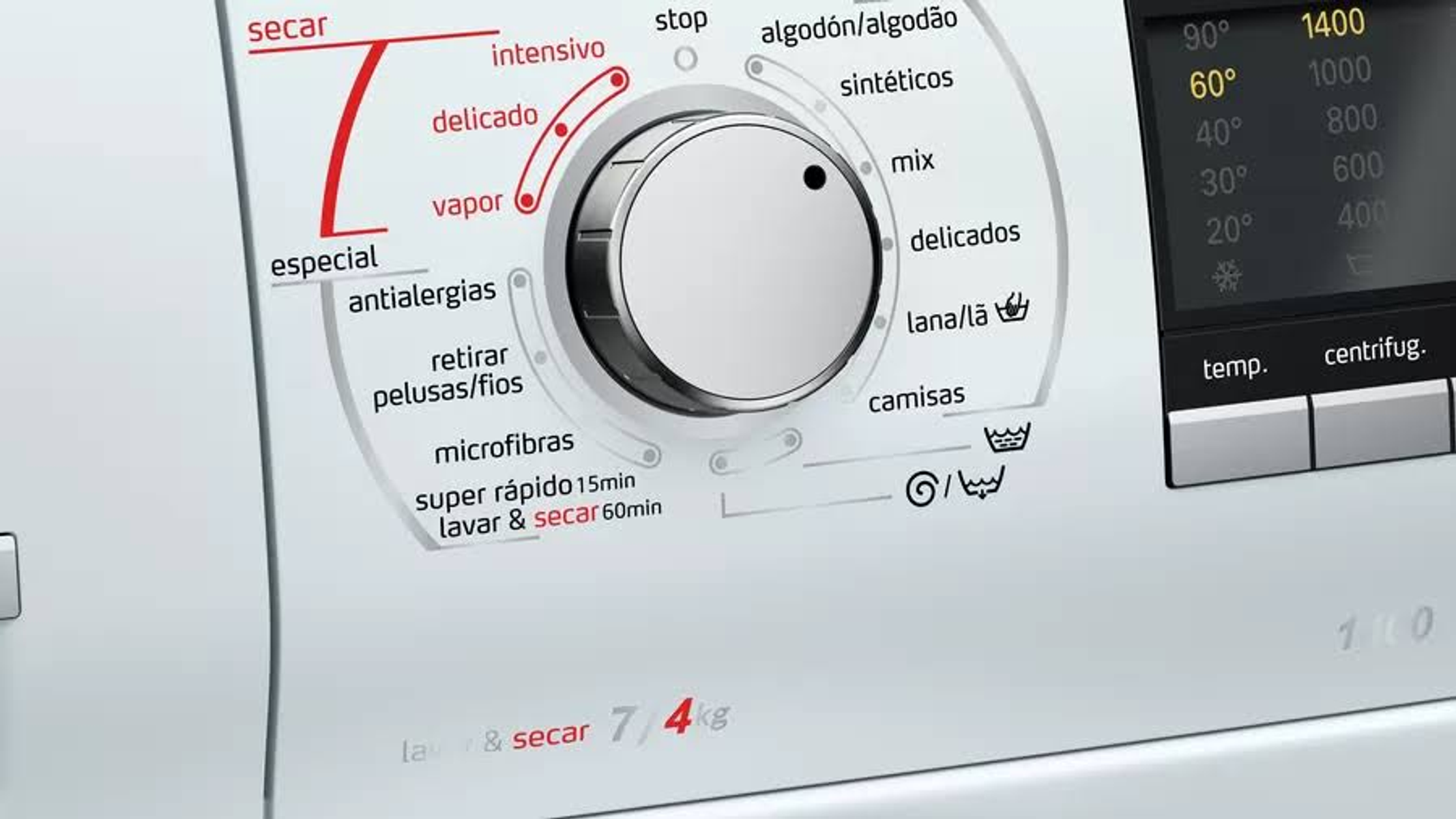 Primer plano del panel de control de una lavadora con diferentes opciones de lavado y un dial.