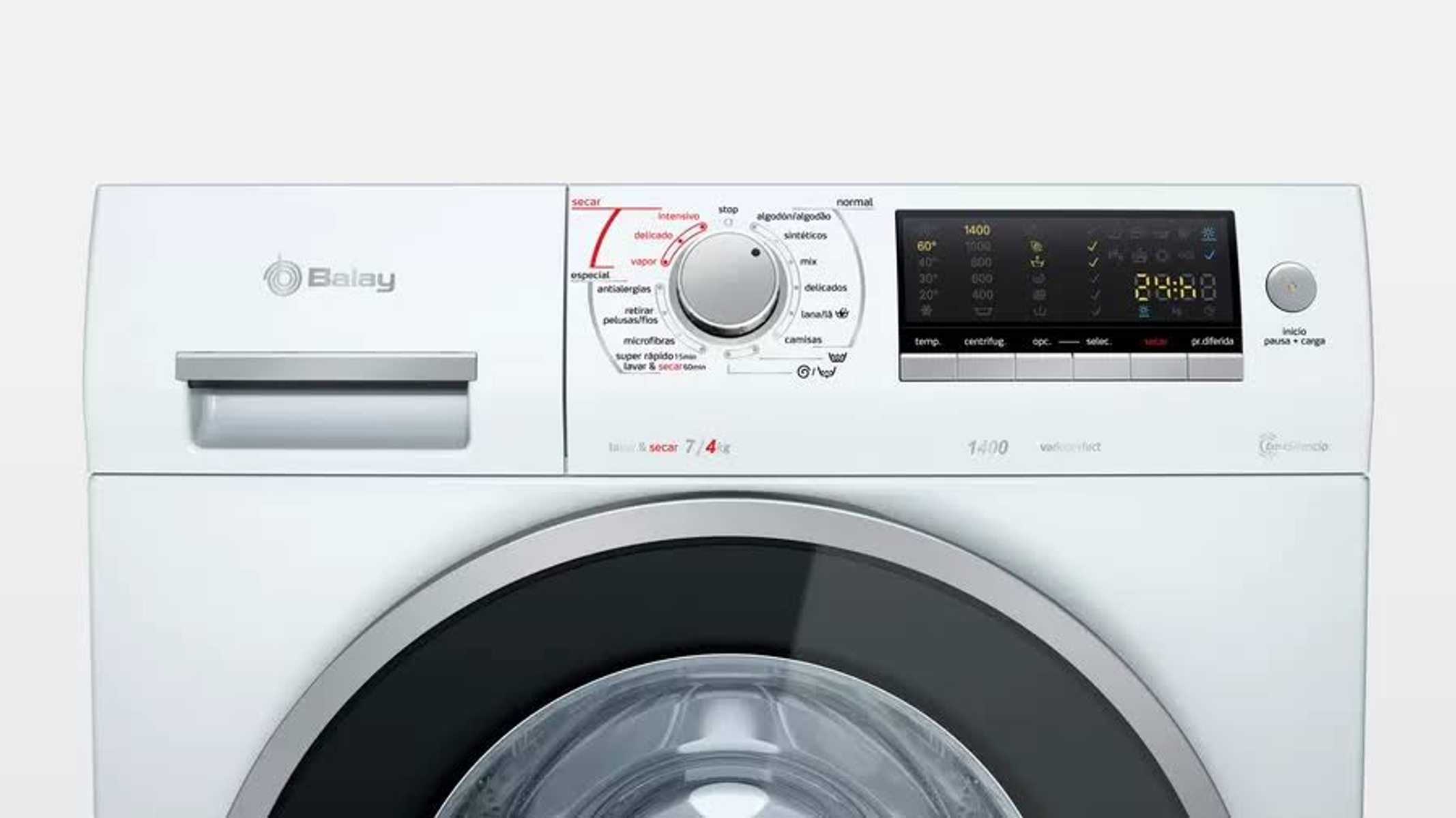 Panel de control de lavadora blanco, con pantalla digital y varios ajustes.
