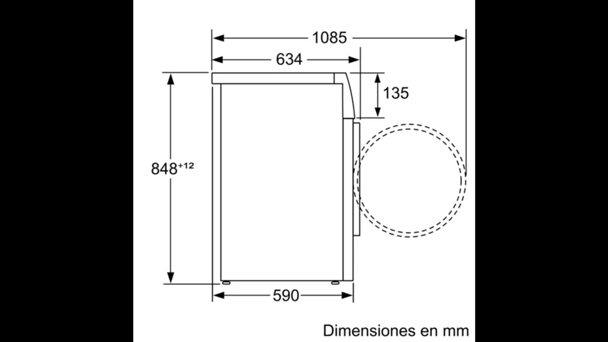 Dibujo técnico de una lavadora, mostrando dimensiones en mm.