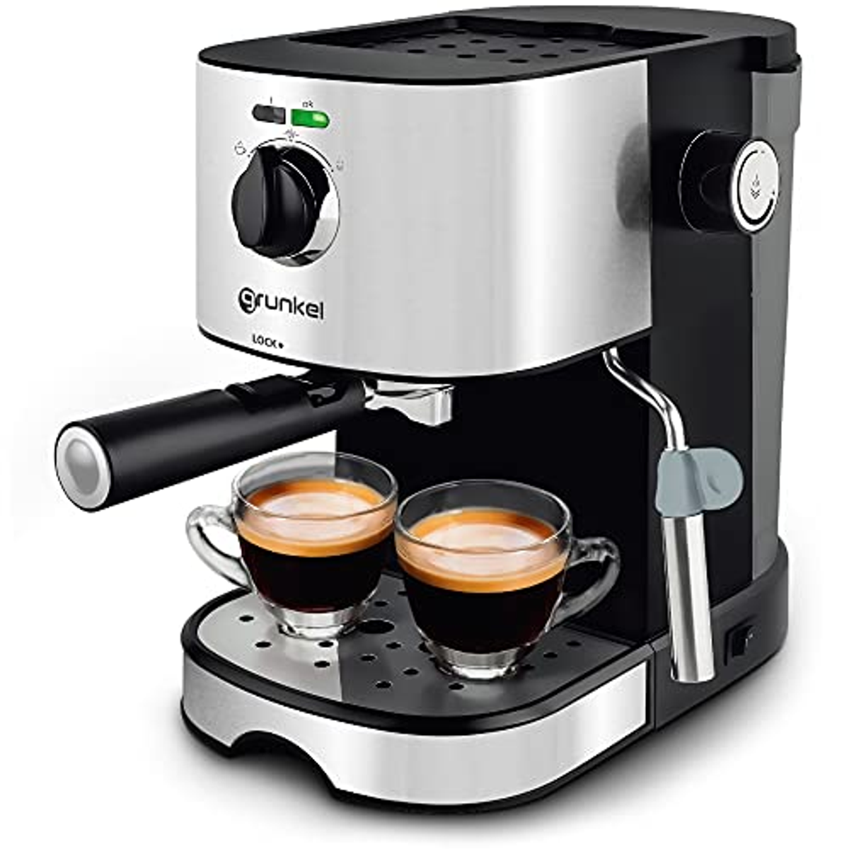 Cafetera espresso plateada y negra. Dos tazas de café listas. Logo Grunkel visible.