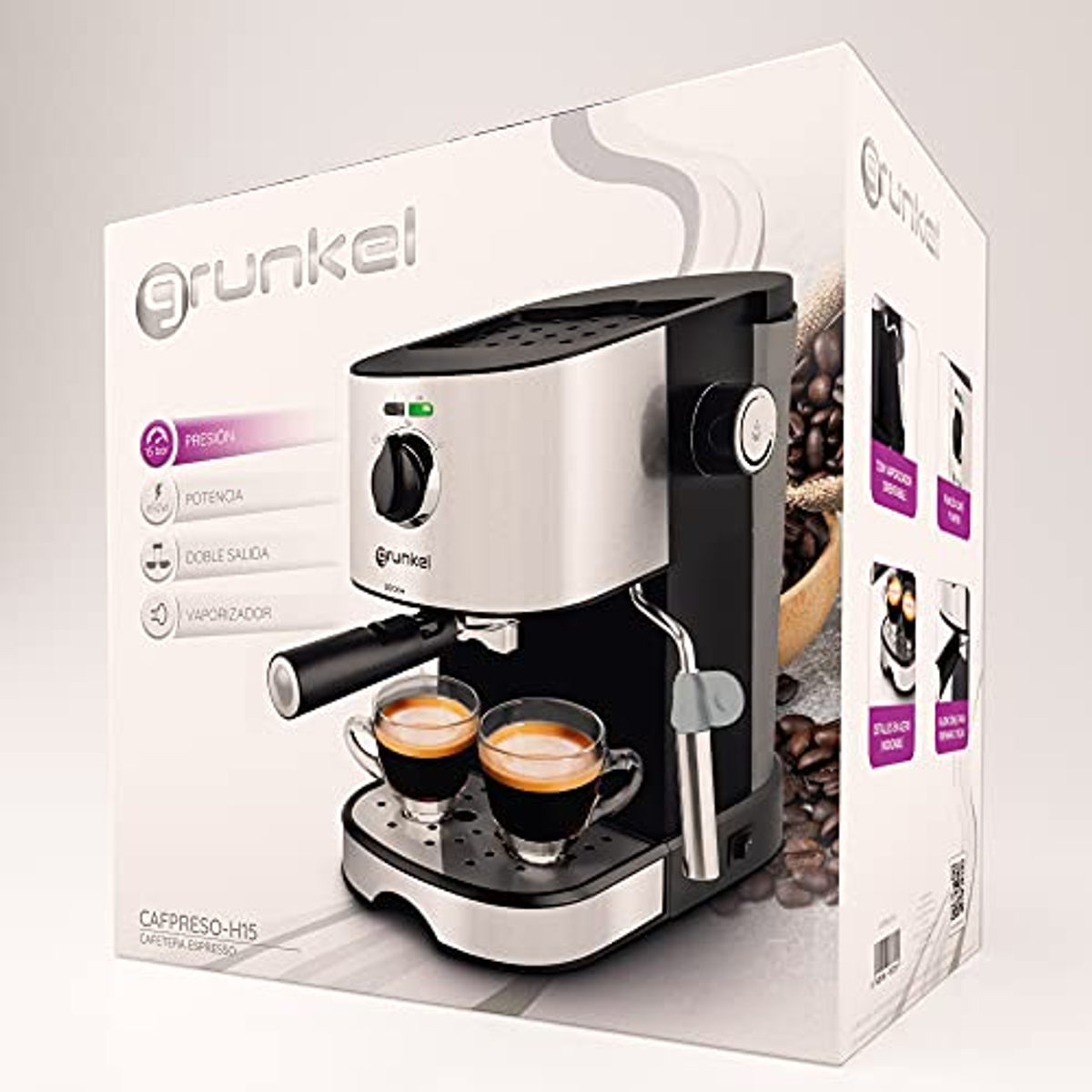 Máquina de espresso en su caja, con tazas de café en el frente y detalles en los laterales.