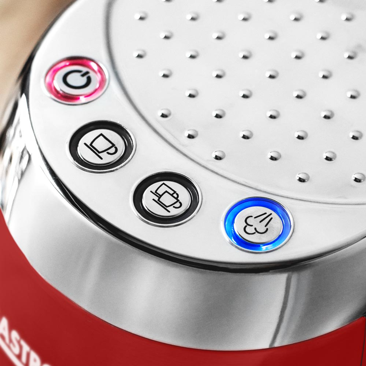 Zbliżenie przycisków ekspresu do kawy: zasilanie, kawa i para.