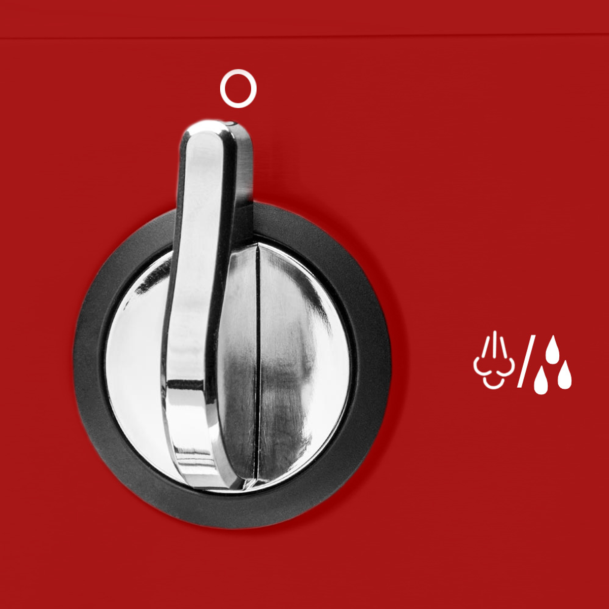 Czerwone urządzenie ze srebrnym pokrętłem i ikonami reprezentującymi wodę i parę.