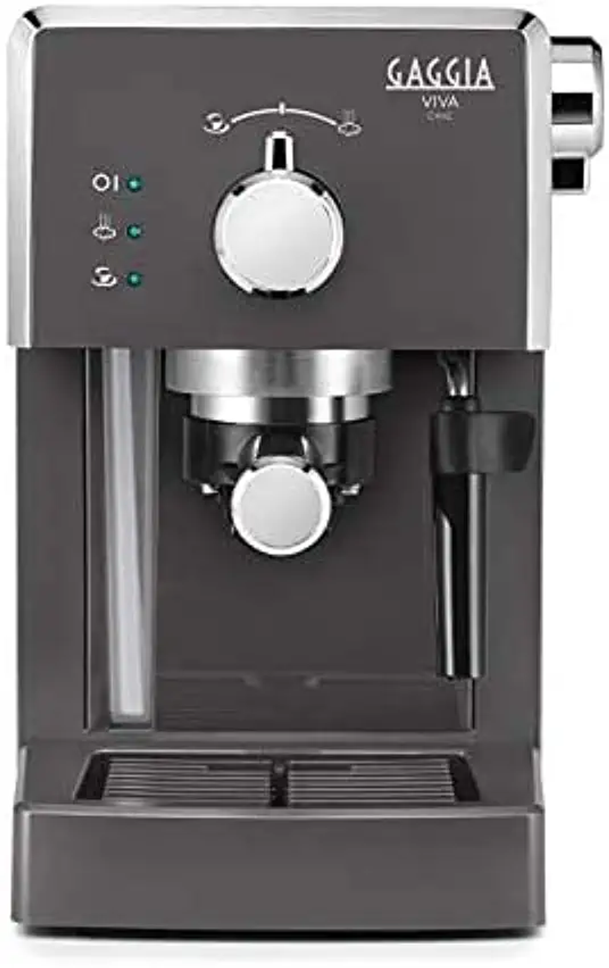 Máquina de espresso Gaggia Viva gris oscuro sobre fondo blanco.