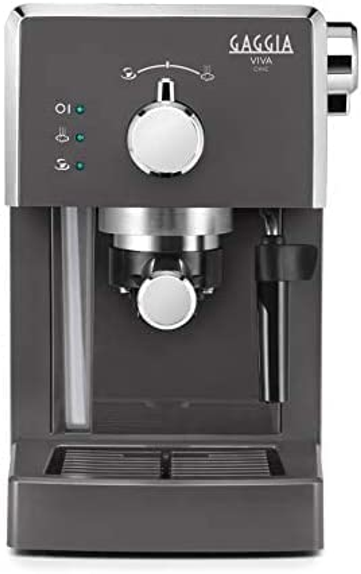 Una cafetera espresso Gaggia Viva gris oscuro con depósito de agua, vaporizador y boquilla de café.
