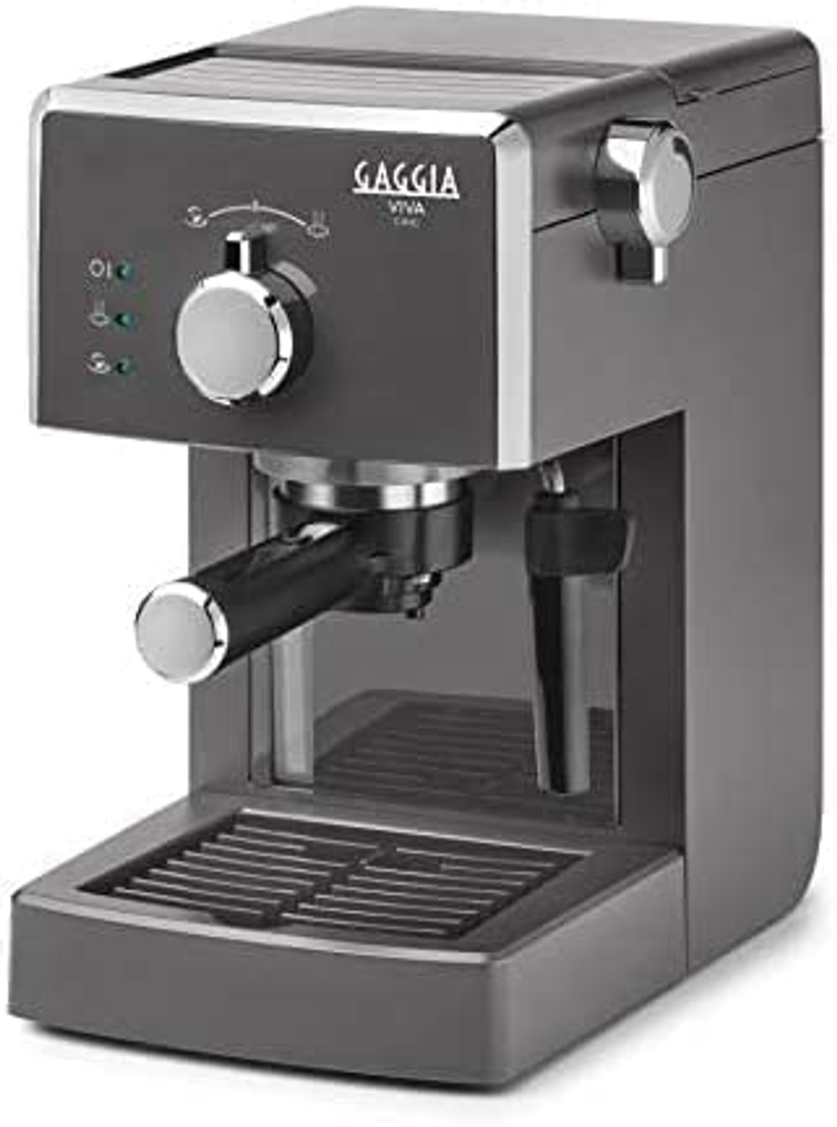 Una cafetera Gaggia Viva gris oscuro, con un mango negro y una perilla cromada.