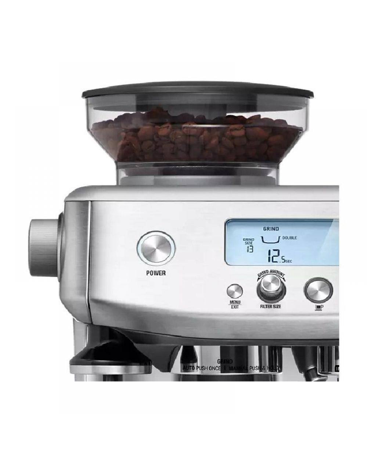 Eine silberne Espressomaschine mit Bohnen im Trichter und Digitalanzeige.