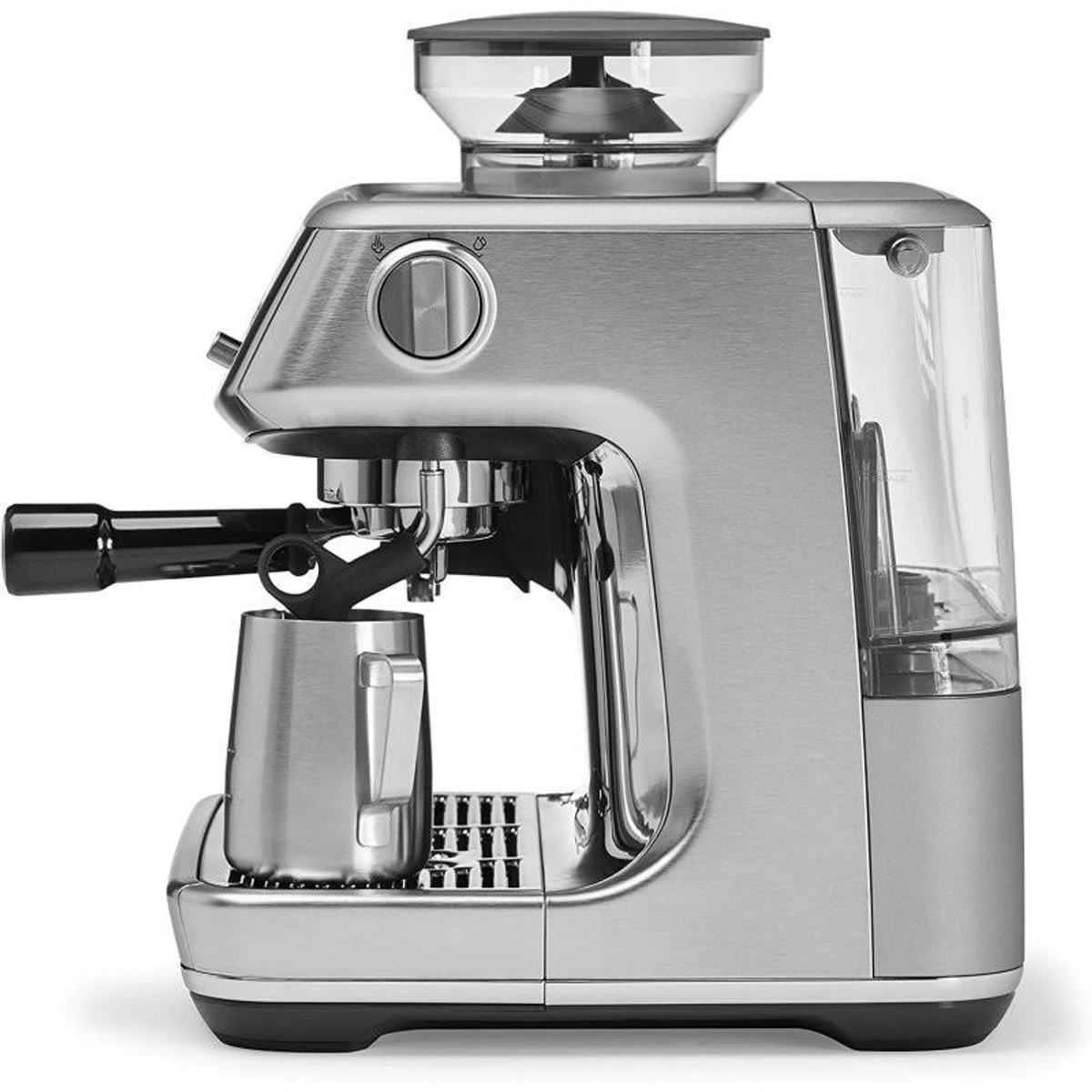 Eine Espressomaschine aus Edelstahl mit einem Milchaufschäumkrug. Es hat eine Kaffeemühle.