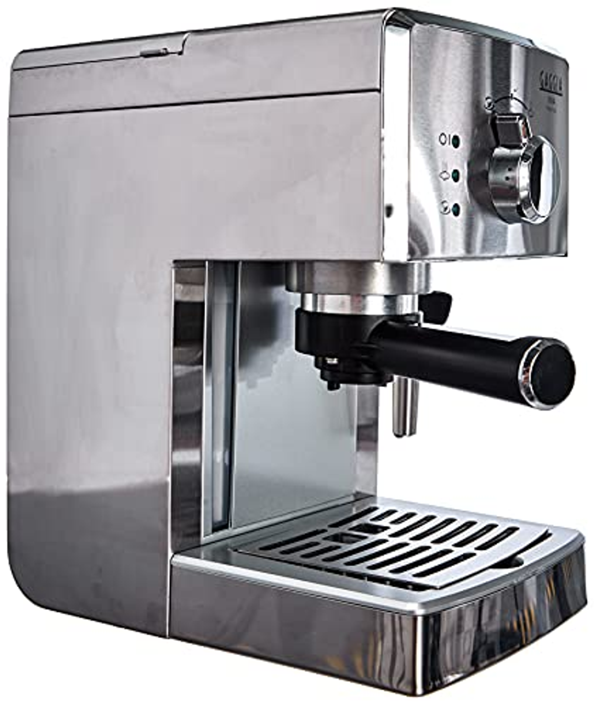 Máquina de espresso plateada con portafiltro, botones y vaporizador.