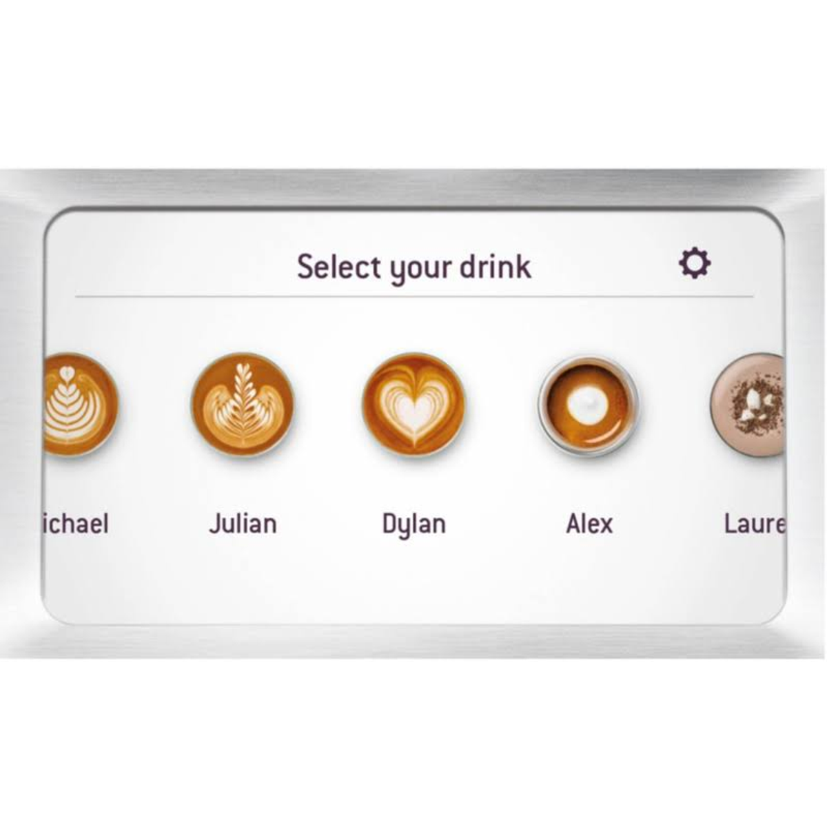 Ein Display mit Optionen für Kaffeegetränke: Latte Art und Kaffeesorten mit Namen.