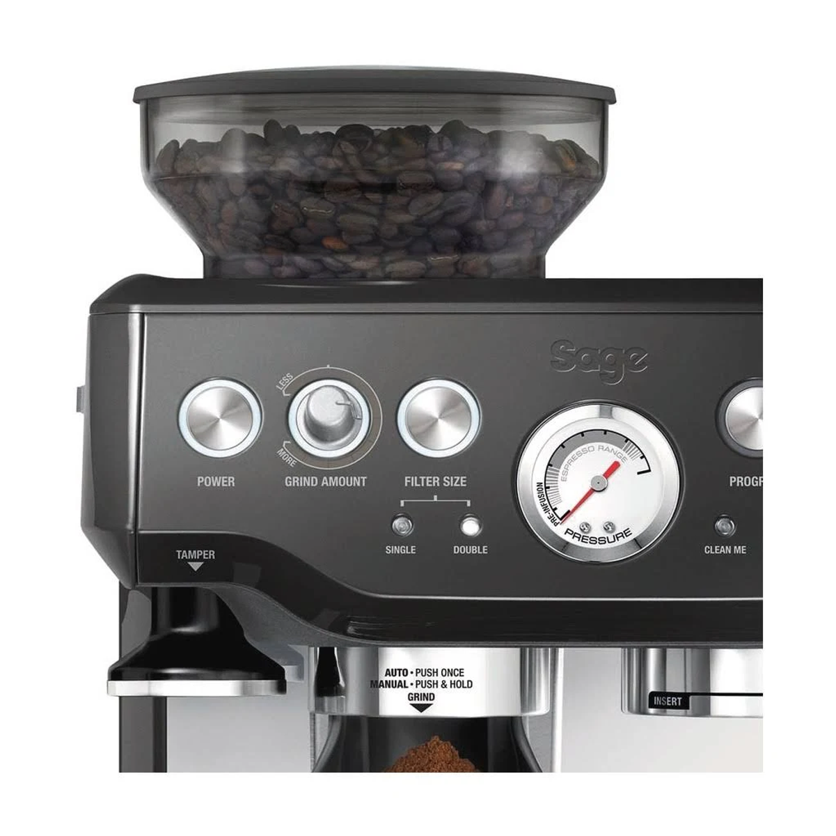 Gros plan sur une machine à expresso Sage noire avec une trémie à grains et une jauge de pression.