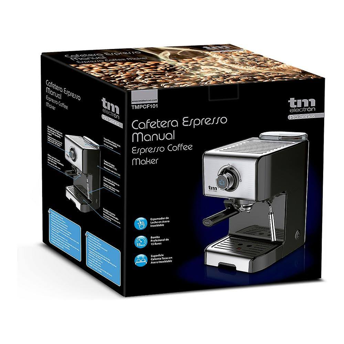 Caja de una cafetera espresso, que muestra la máquina y sus características.