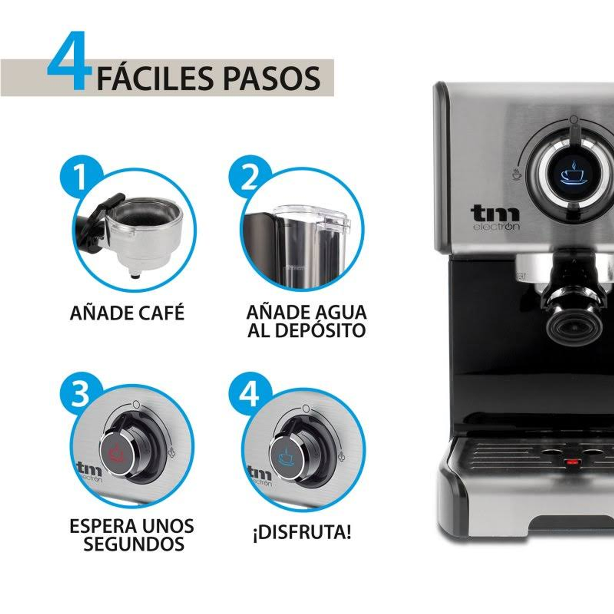 Diagrama que muestra 4 pasos para usar una máquina de espresso, con texto en español.
