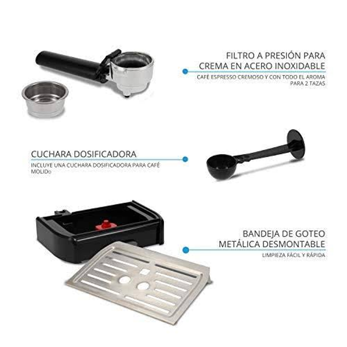 Una imagen que muestra partes de una cafetera: portafiltro, cuchara dosificadora y bandeja de goteo.
