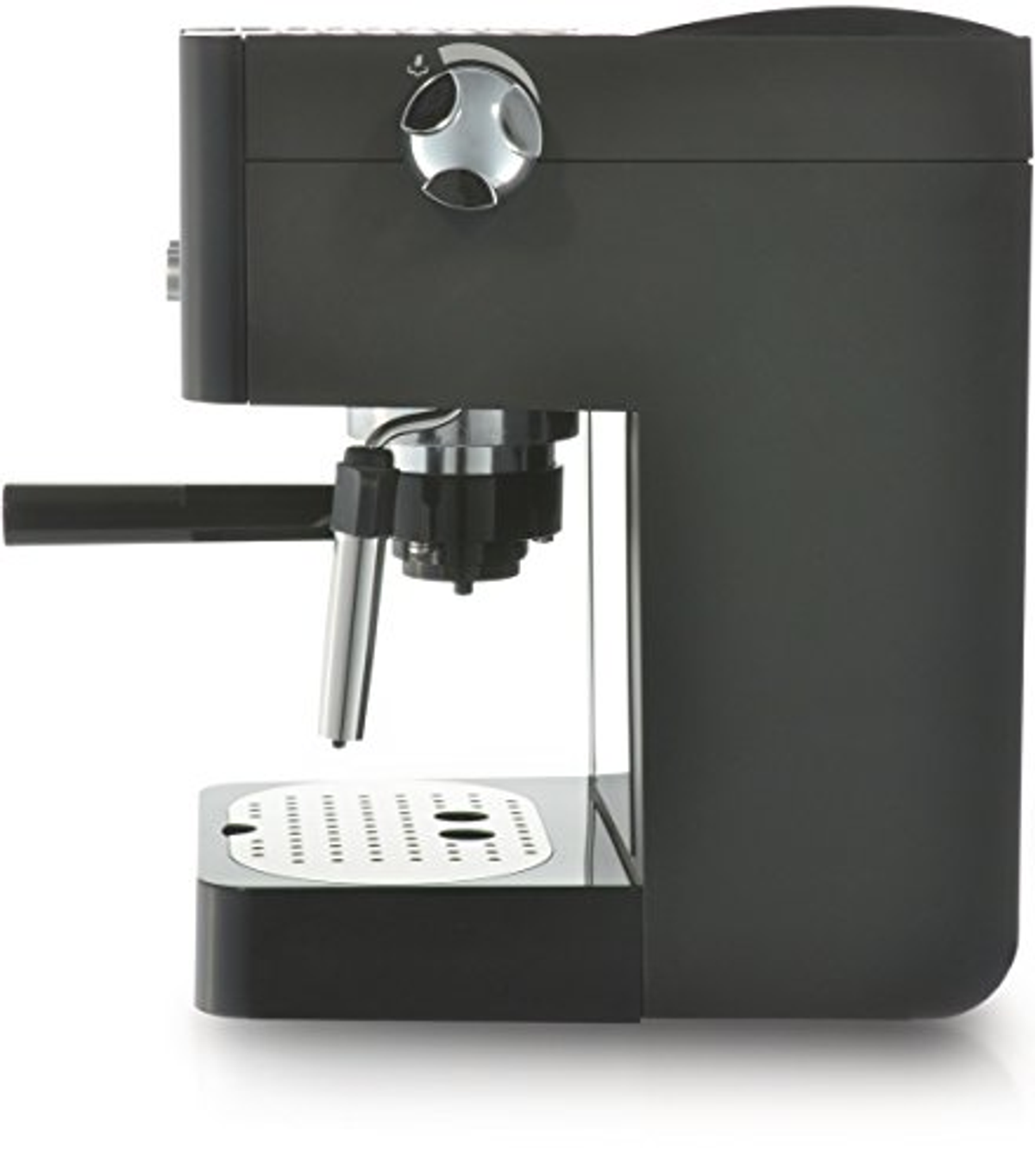 Macchina per espresso nera con beccuccio e vassoio cromati, vista laterale su sfondo bianco.