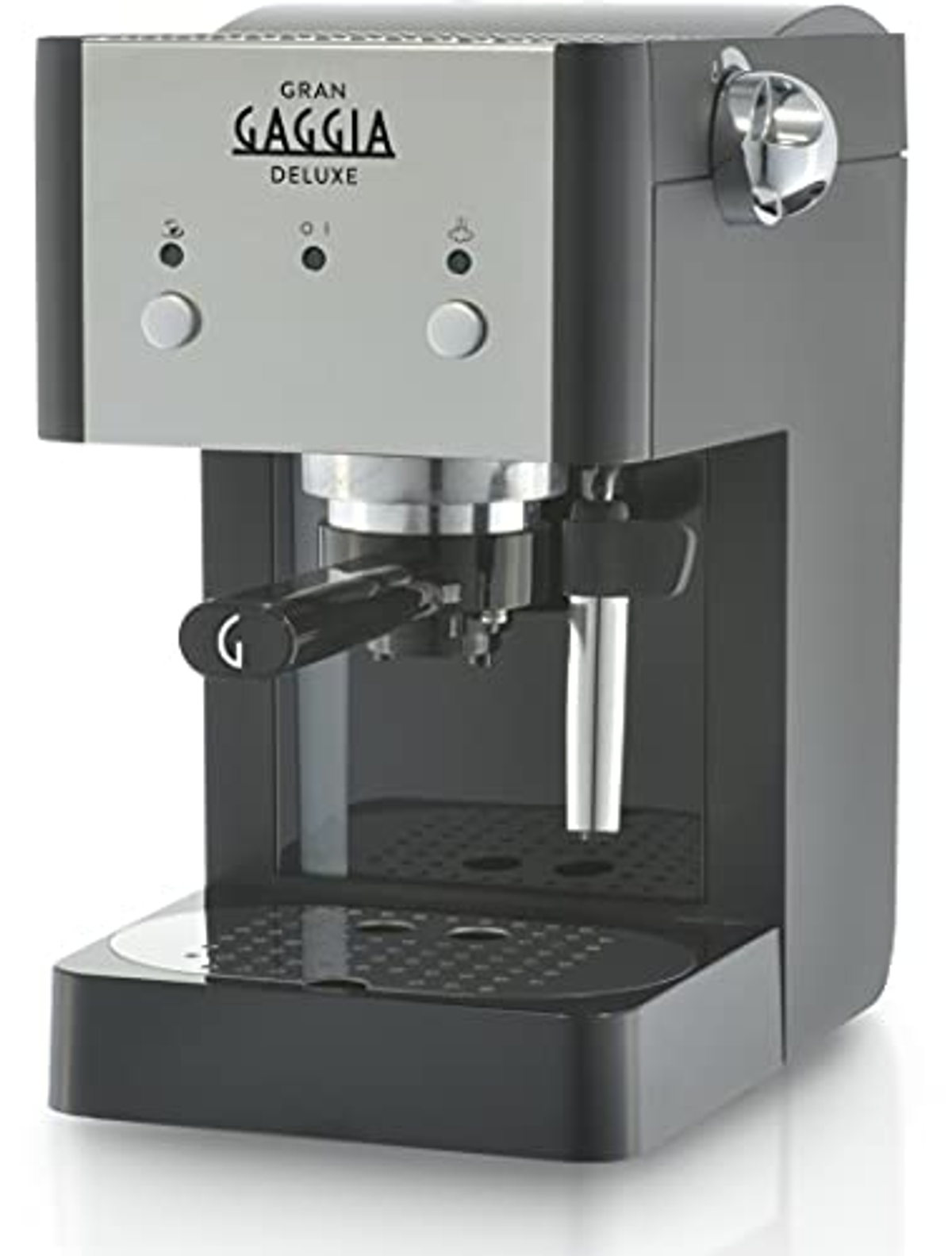 Macchina per espresso nera e grigia con dettagli argentati, che mostra il marchio.