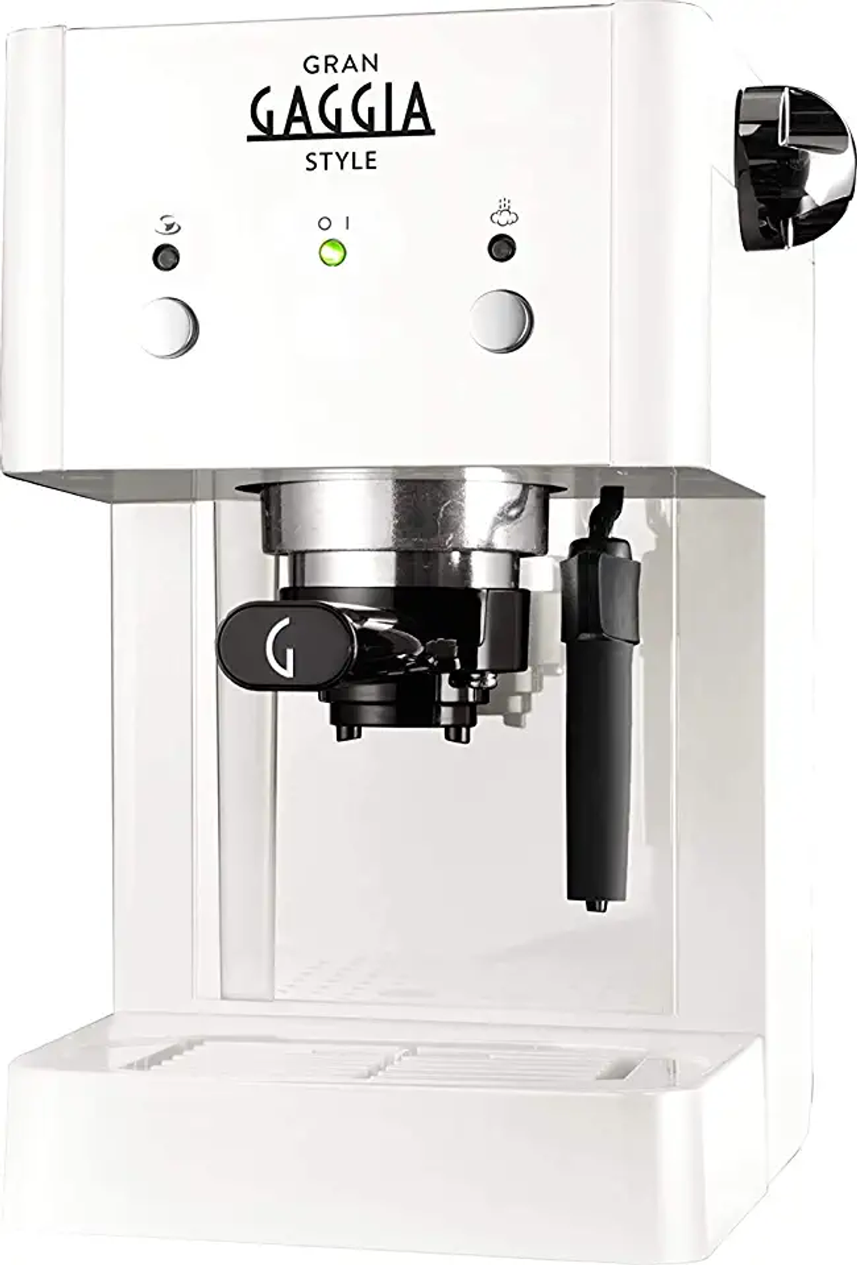 Cafetera espresso blanca Gran Gaggia Style con detalles negros, vista frontal.
