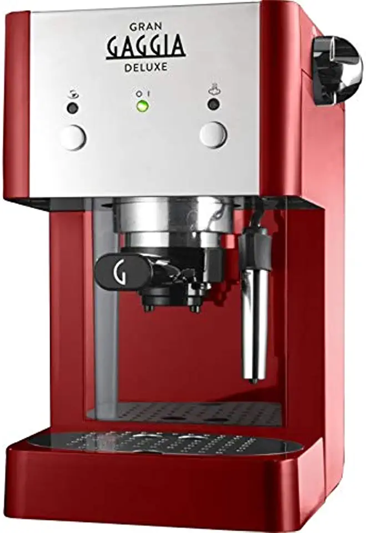 Una máquina de espresso roja con detalles plateados, sobre un fondo blanco.
