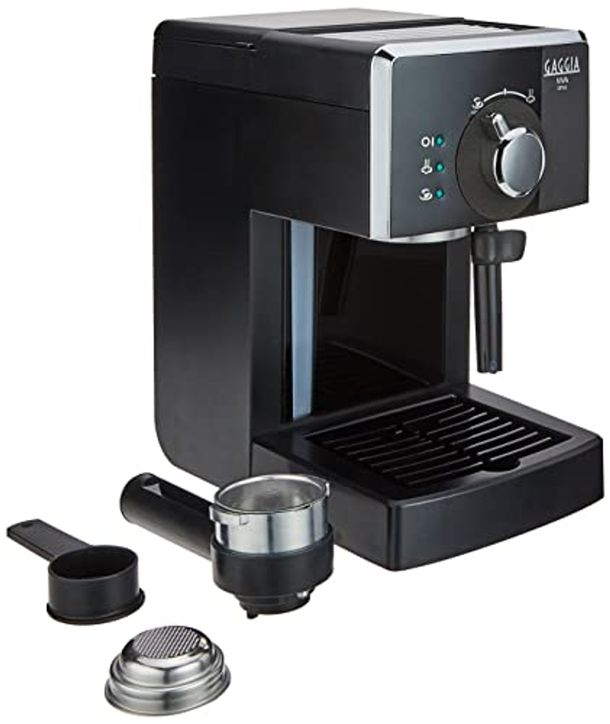 Cafetera Gaggia negra con accesorios sobre fondo blanco.