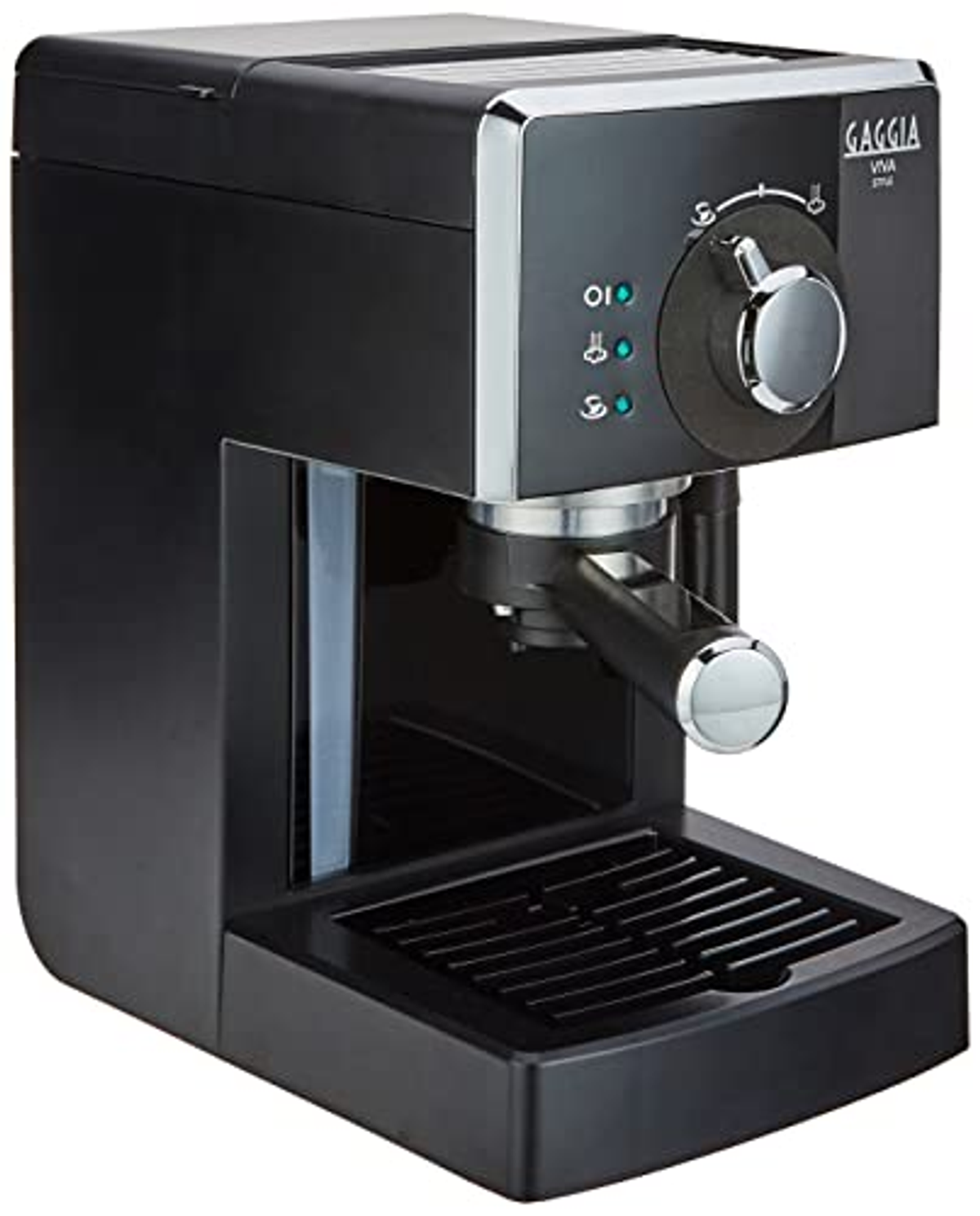 Máquina de espresso negra con dial y botones. Tiene una bandeja de goteo.