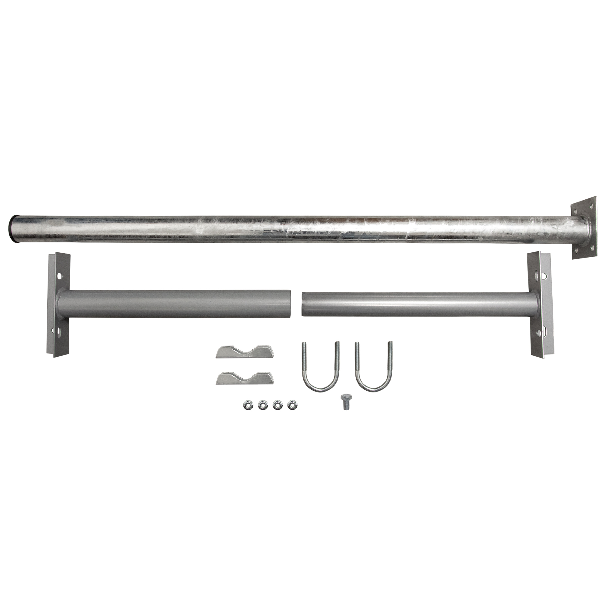 Metallstangen-Set auf Weiß. Es besteht aus einer langen Stange, zwei kürzeren Stangen und mehreren Verbindern.