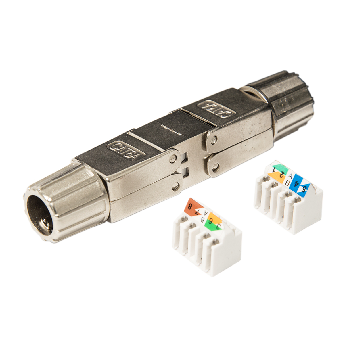 Metall-CAT5e-Stecker mit zwei RJ45-Steckern. Der Stecker hat farbcodierte Verdrahtungsführungen.
