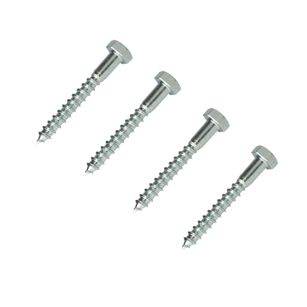 Vier silberne Schrauben mit Sechskantköpfen, diagonal auf weißem Hintergrund angeordnet.