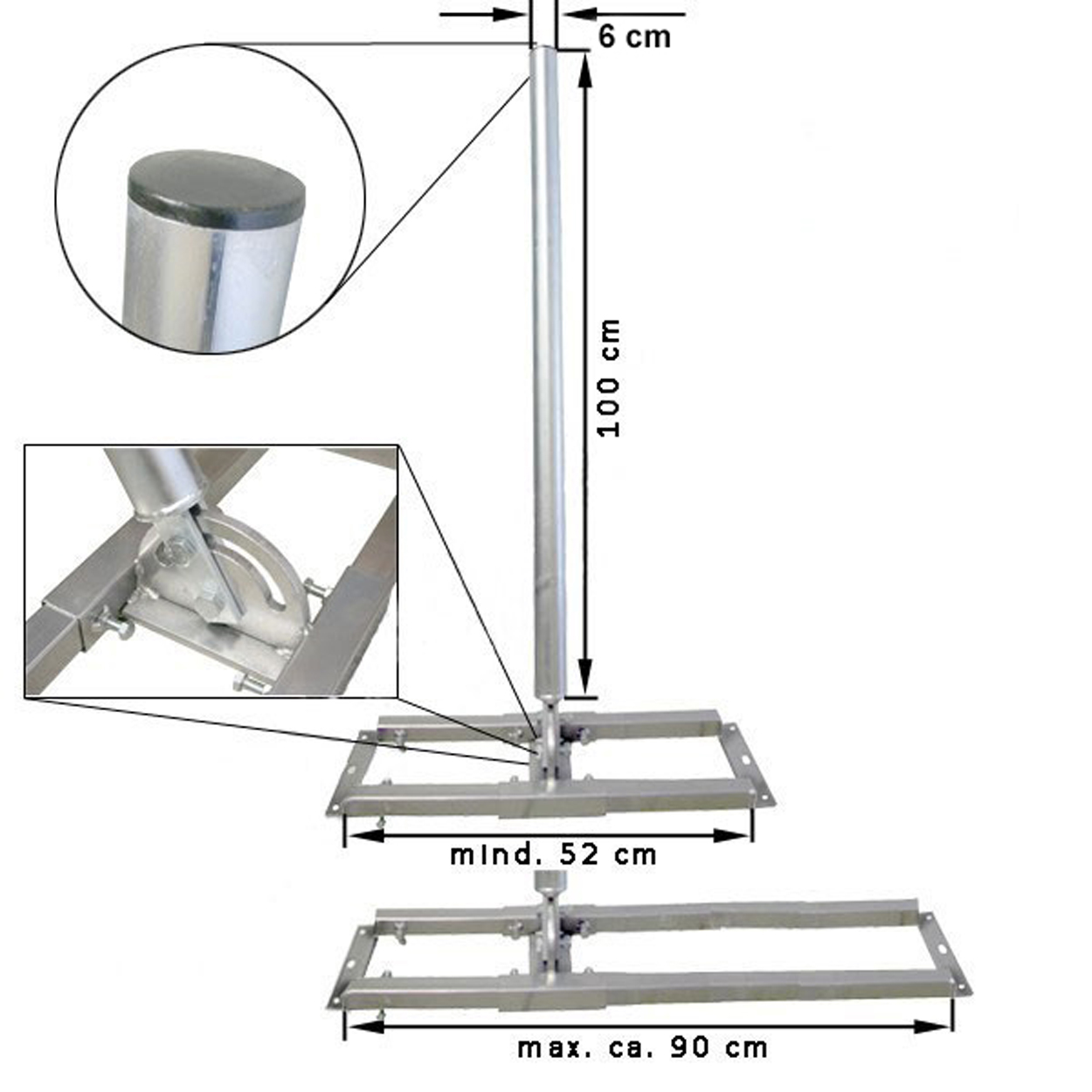 Eine Metallstange mit Messungen und Nahaufnahme der Basis.