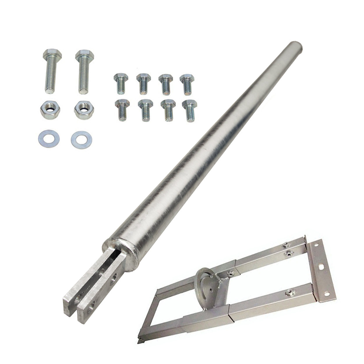Silberne Metallteile und Schrauben. Enthält eine lange Stange und Scharnierstruktur.