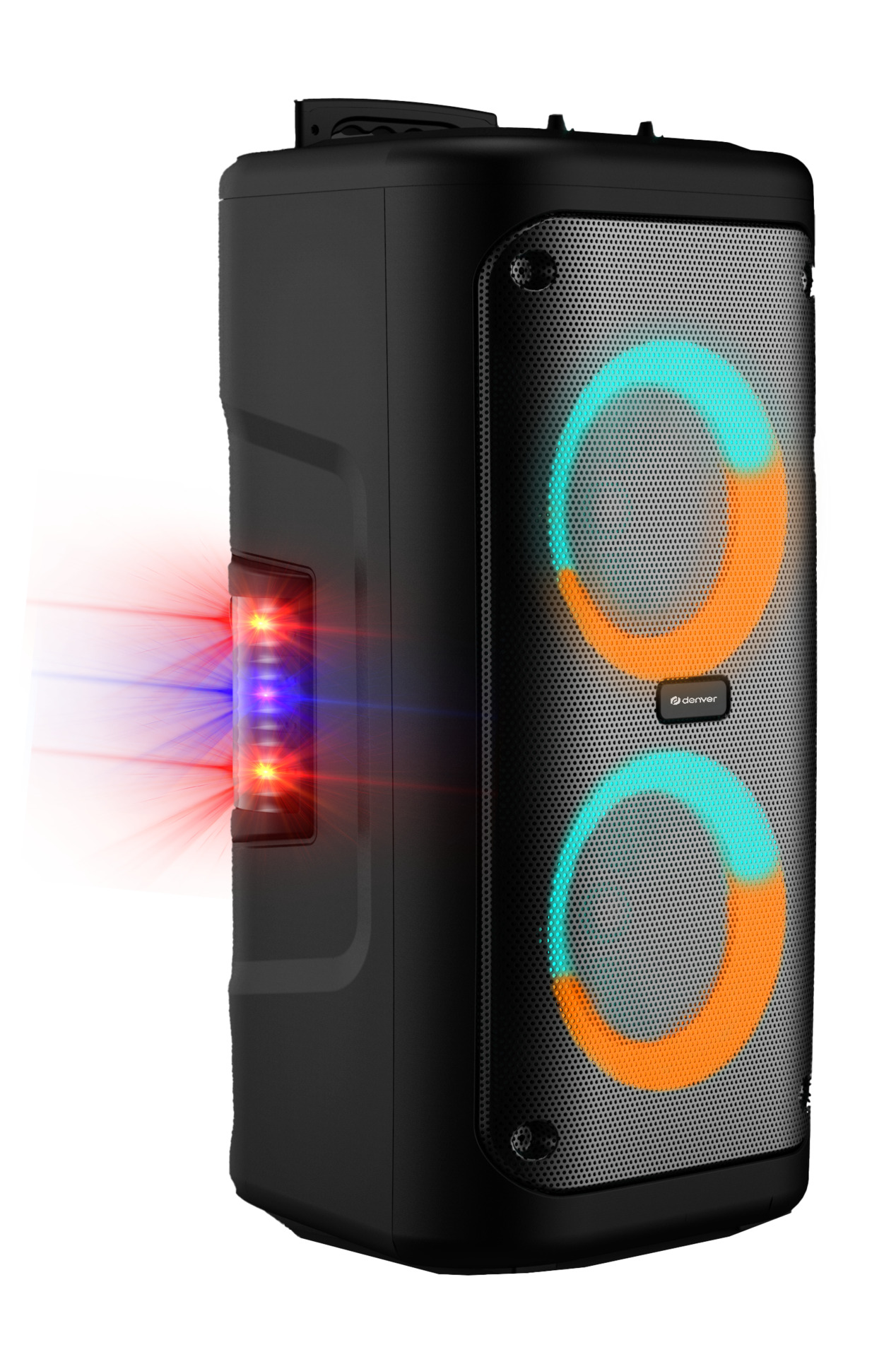 Zwarte luidspreker met gloeiende lichten. Twee grote cirkelvormige lichten en een verticale lichtbalk.