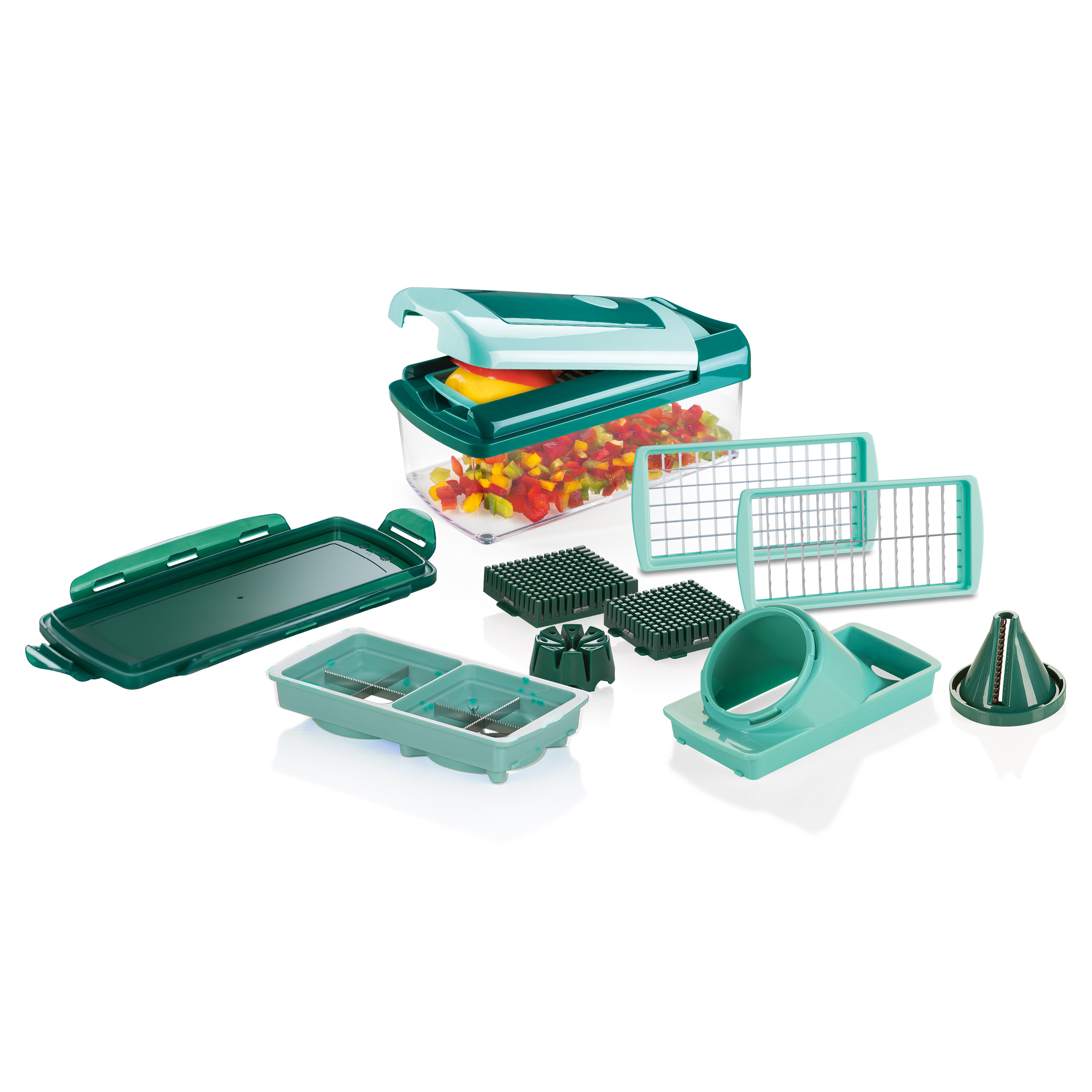 Ein Set grüner Gemüseschneider mit verschiedenen Klingen, Behältern und Zubehör. Weißer Hintergrund.