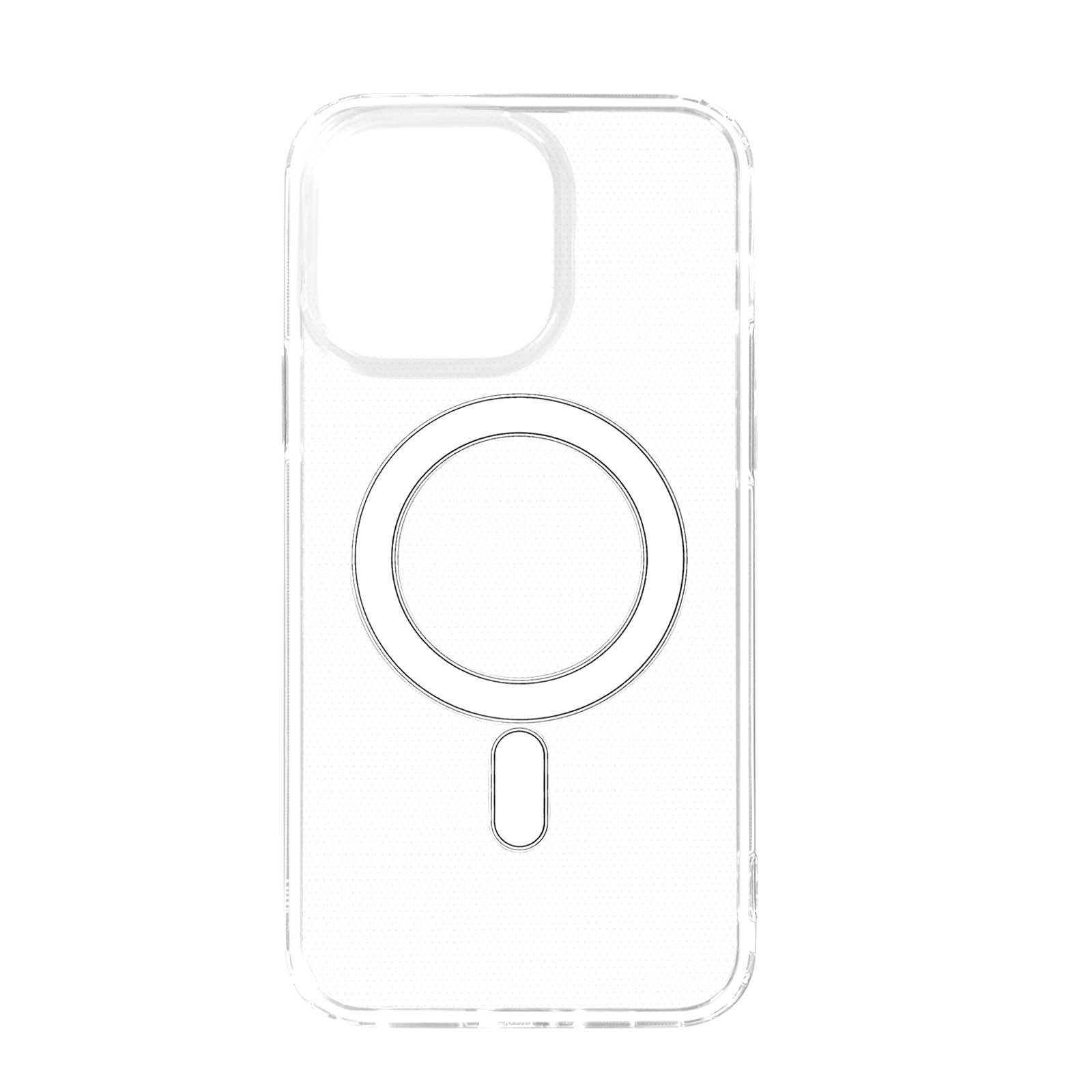 Een doorzichtige telefoonhoes met een cirkelvormige magneetcontour en een uitsparing voor de oplaadpoort.