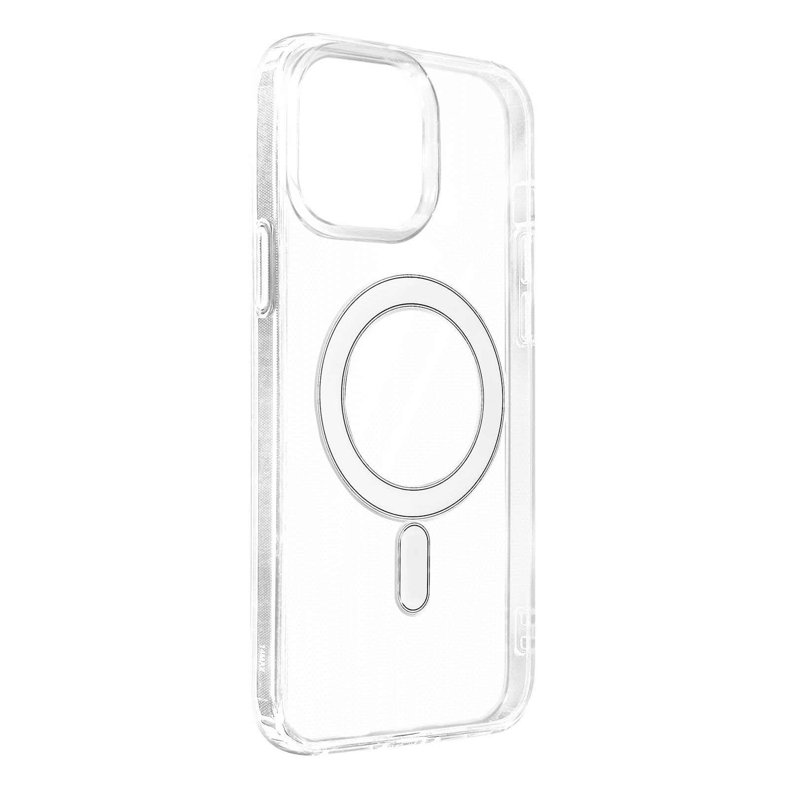 Transparante telefoonhoes met een cirkelvormig ontwerp, camera-uitsparing, witte achtergrond.