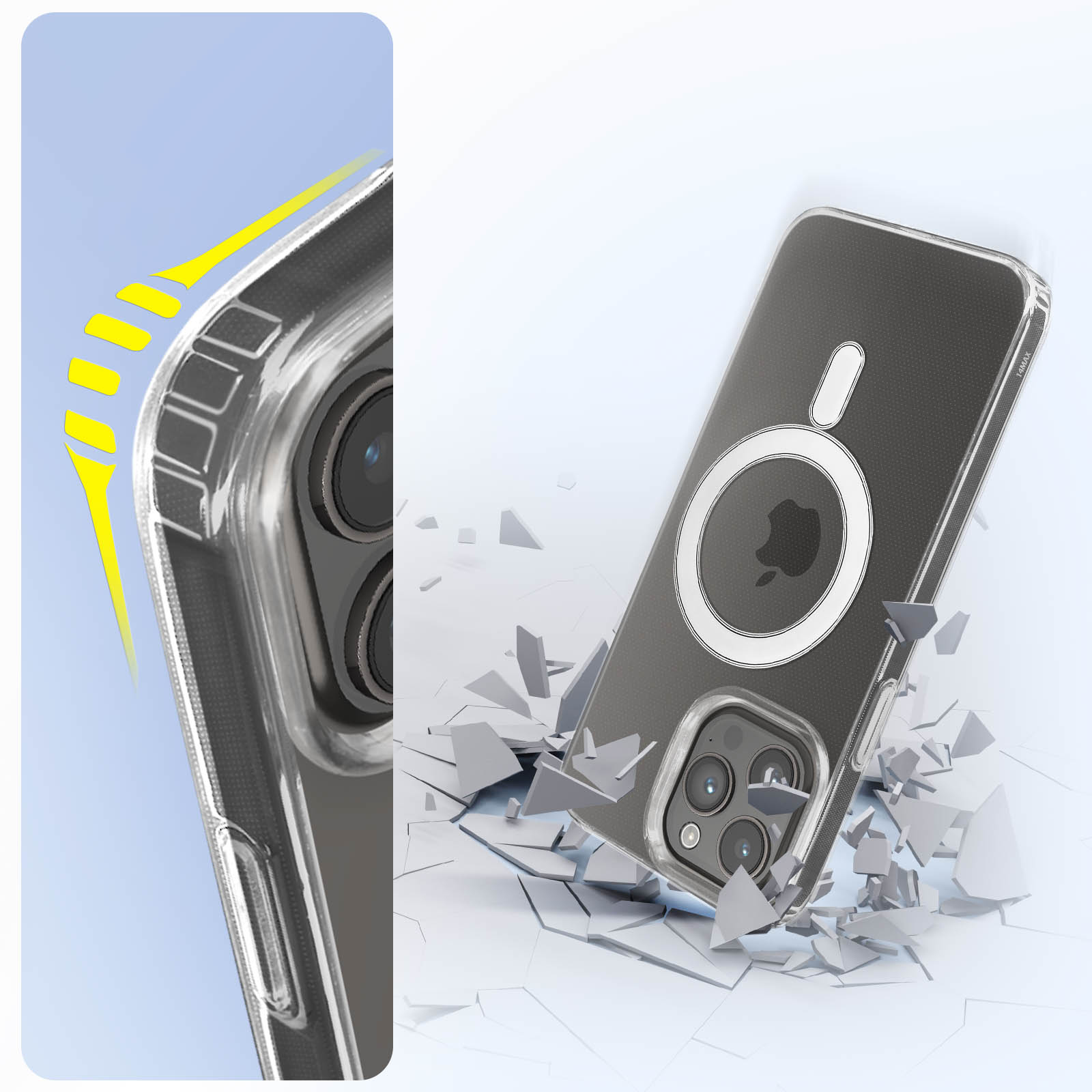Telefoonhoesje met een witte ring. Schokbestendig. De case is doorzichtig en de telefoon is zwart.