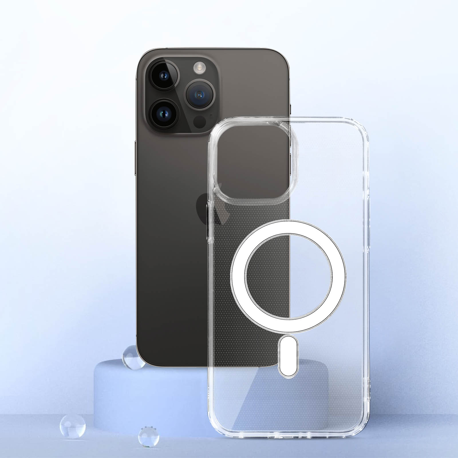 Zwarte iPhone en een transparante telefoonhoes, beide op een lichtblauwe ondergrond.