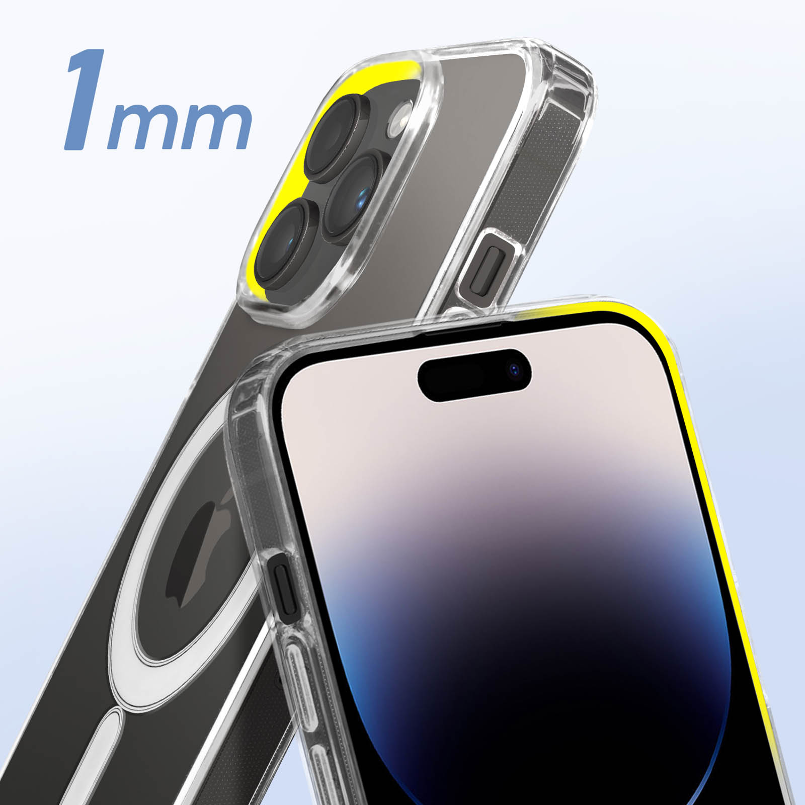 Téléphone avec coque transparente, bord jaune et texte de 1 mm.