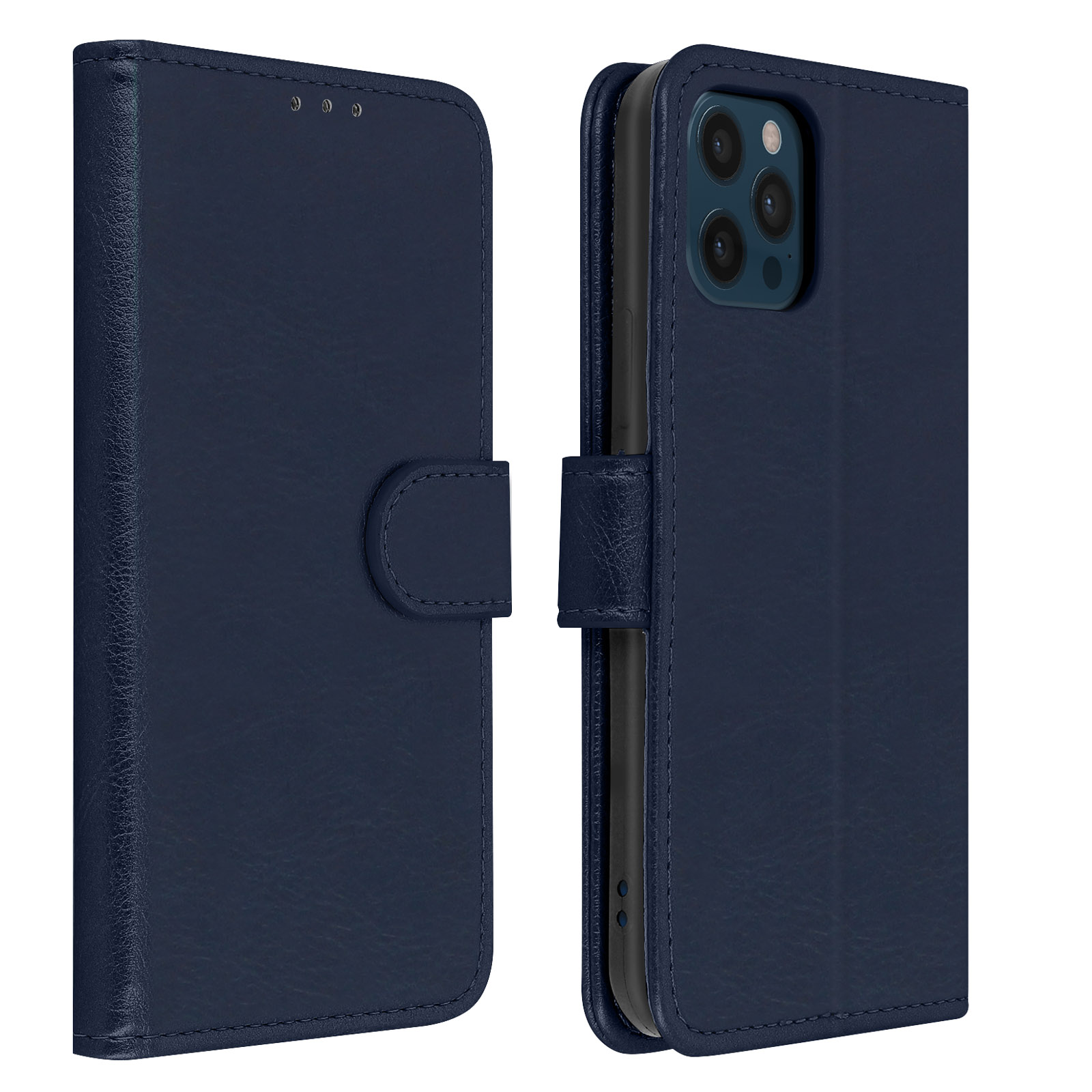 Blauwe leren telefoonhoes met knoopsluiting, links open, rechts gesloten, witte achtergrond.