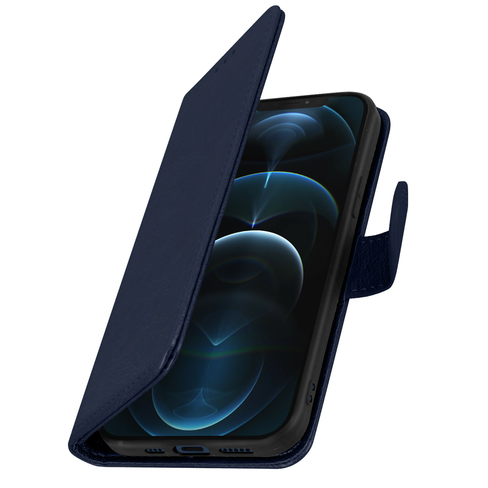 Un étui de téléphone bleu foncé avec un téléphone à l'intérieur. L'étui est ouvert, révélant l'écran du téléphone.