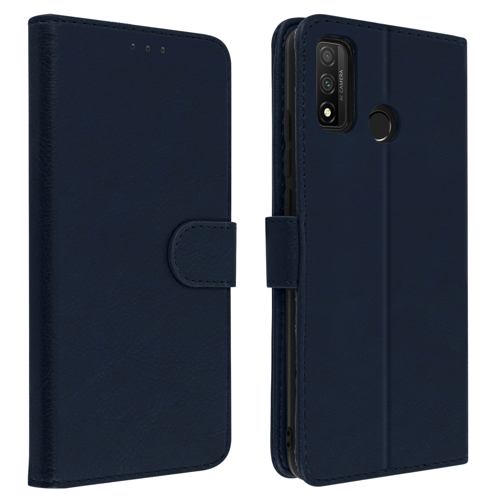 Una custodia per telefono blu chiusa con chiusura a bottone. Il retro mostra fotocamera e flash.