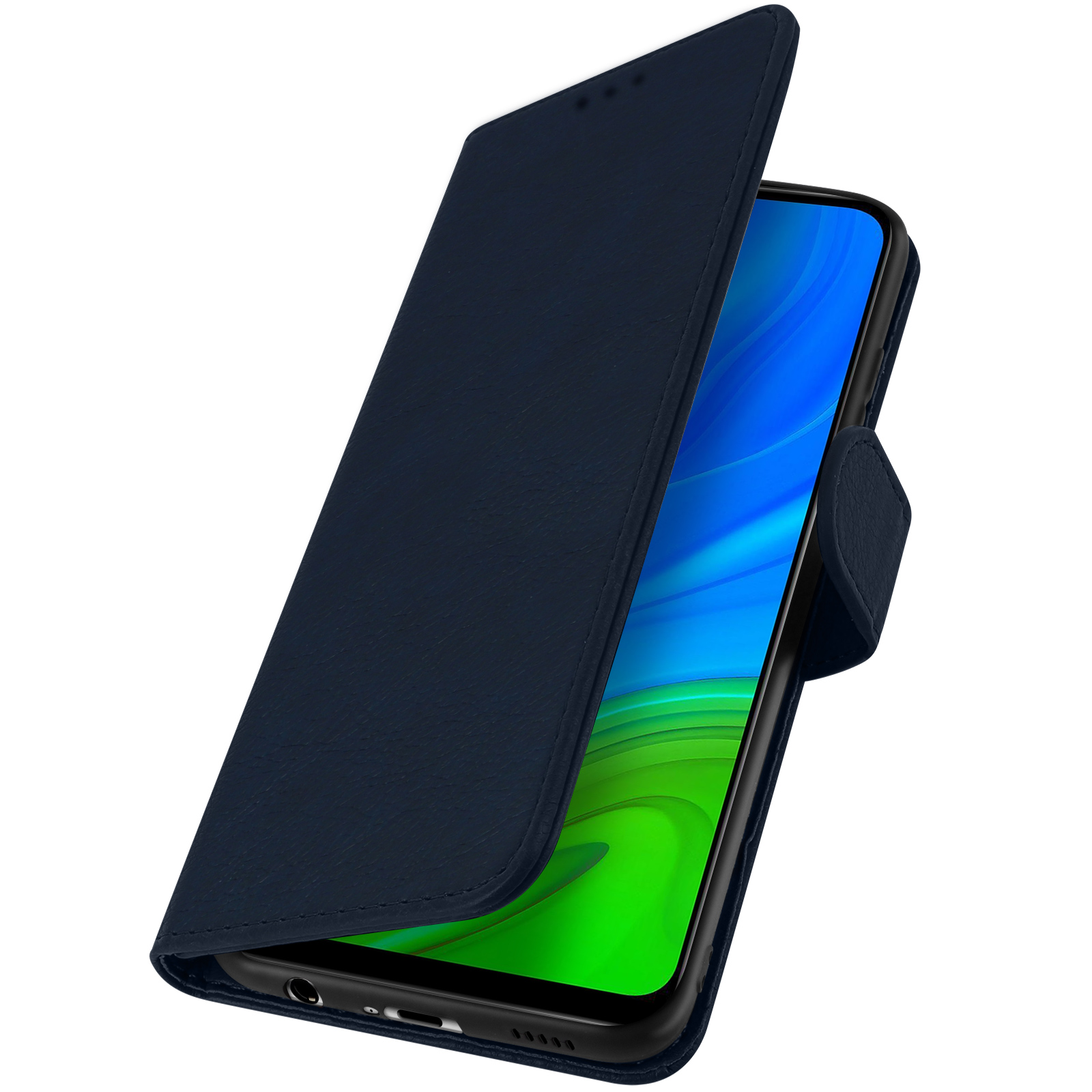 Custodia blu per telefono con un telefono all'interno, aperta per mostrare lo schermo.