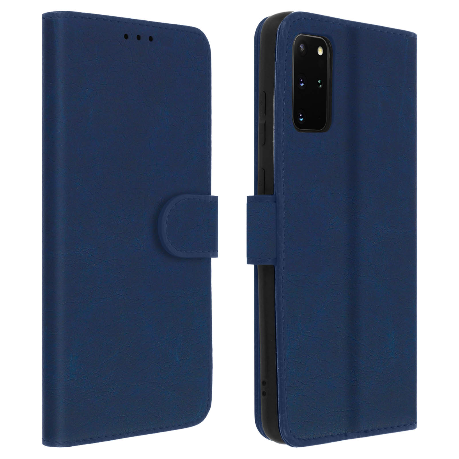 Étui de téléphone en cuir bleu, ouvert et fermé, montrant l'appareil photo.
