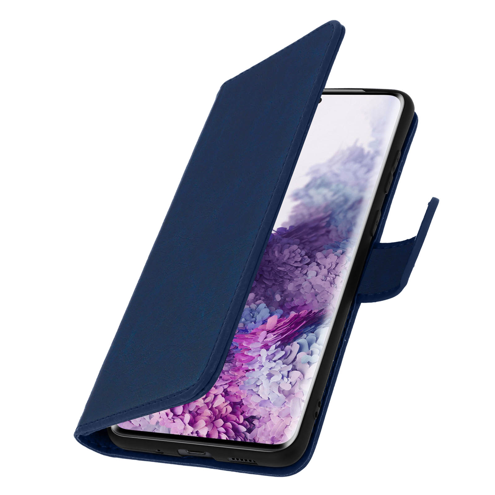 Un étui de téléphone bleu marine ouvert, révélant un écran de téléphone avec une image violette et blanche.