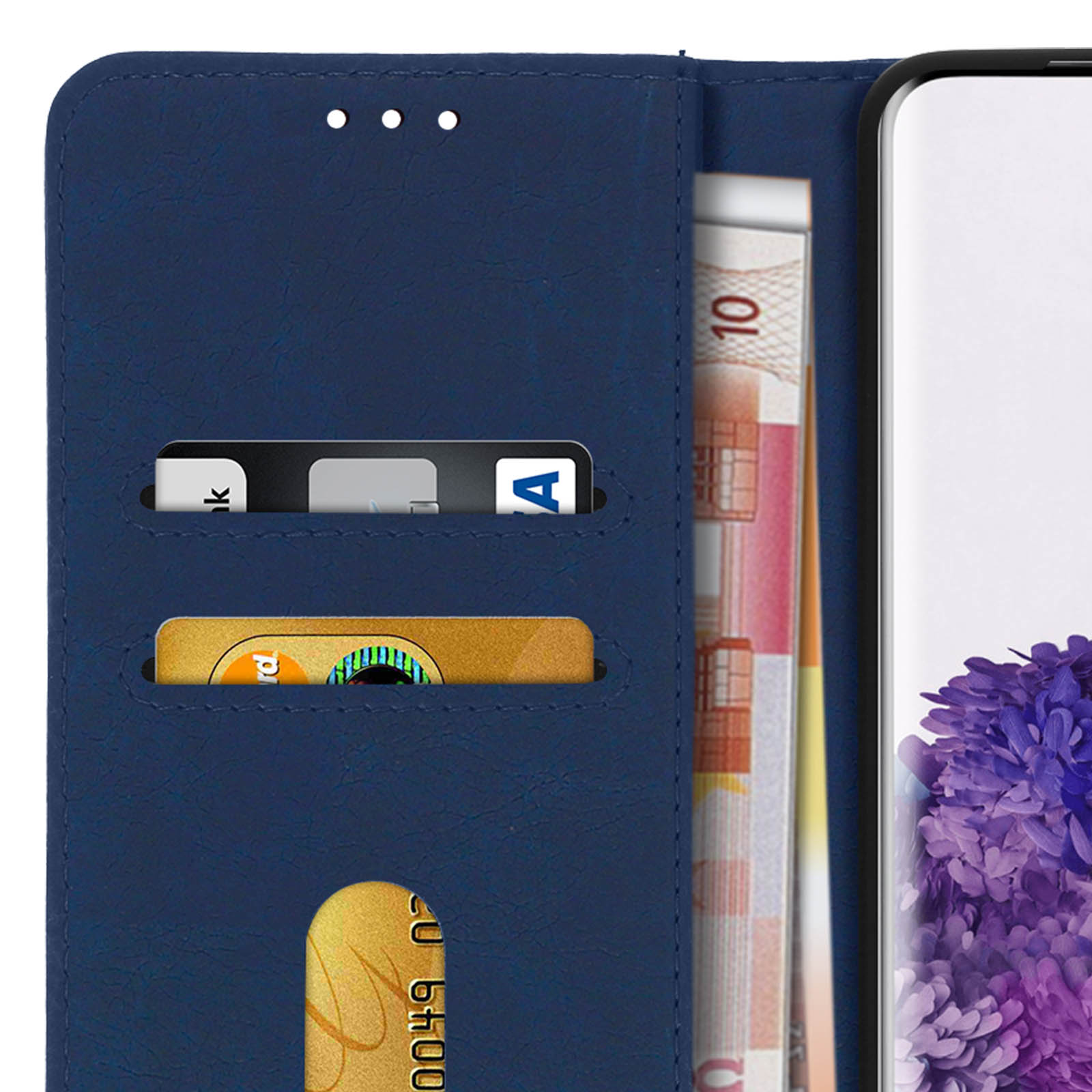 Étui de téléphone en cuir bleu avec une carte de crédit et un smartphone à écran floral.