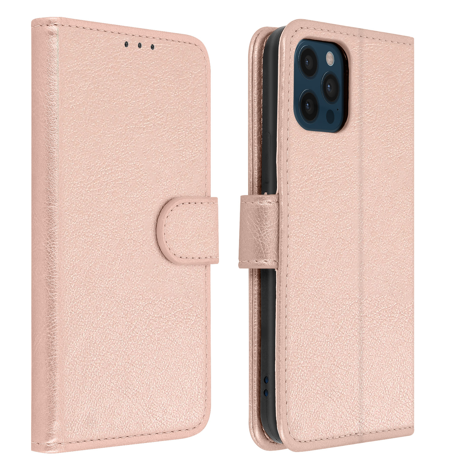Una custodia per telefono in pelle rosa aperta, che mostra il telefono all'interno.