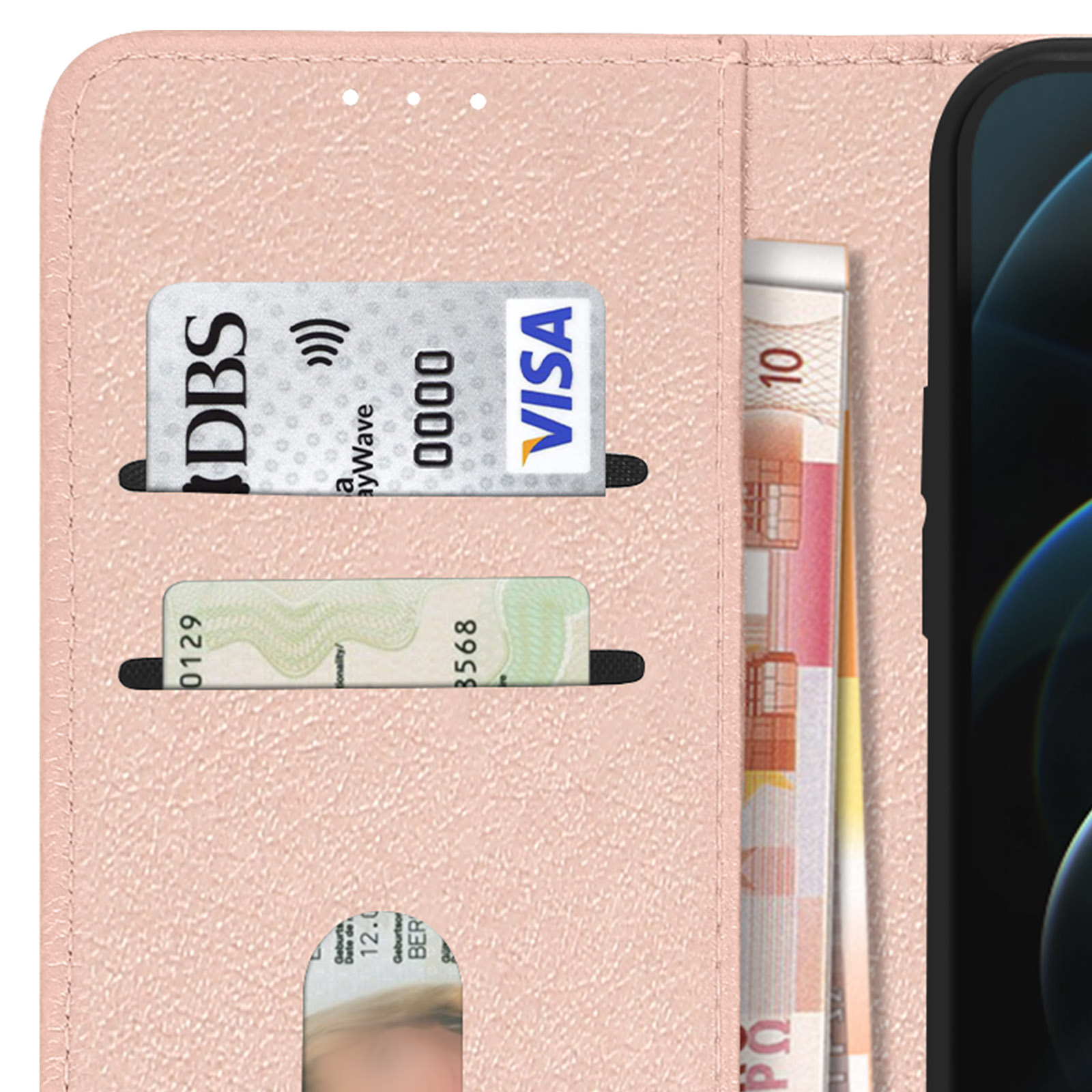 Una custodia rosa per telefono con scomparti per carte contiene una carta DBS e una carta Visa, più alcune banconote in euro.